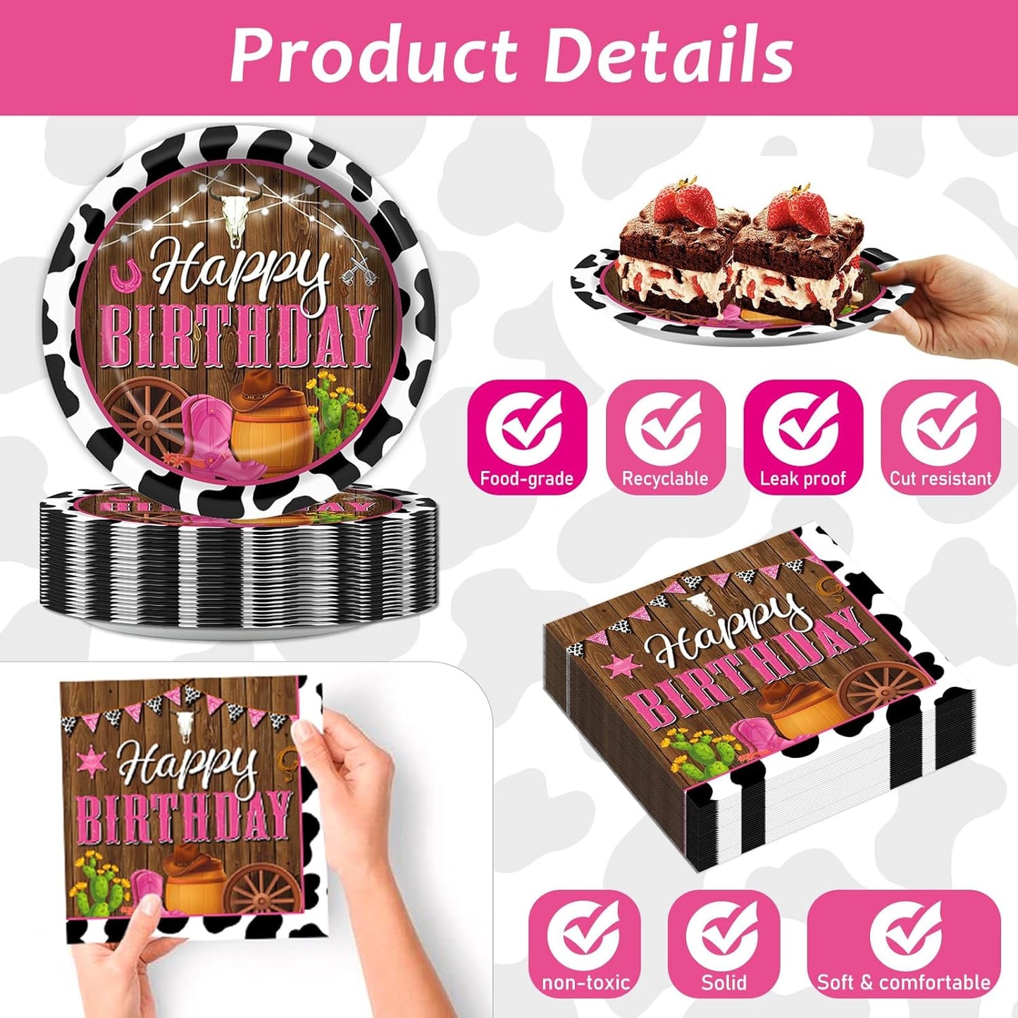 gisgfim 200pcs Cowgirl Birthday Party Decorations - Western Plates, Napkins & Disposable Forks - Pink Cow Western Girl Rodeo Tableware Set - Serves 50