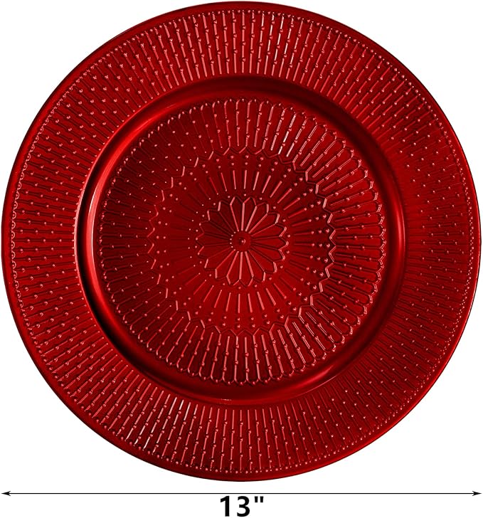 DEAYOU 12 Pack Red Charger Plate, 13-inch Beaded Chargers for Dinner Plates, Plastic Reusable Round Charger Platters for Wedding, Party, Event, Table Setting, Decoration, Holiday