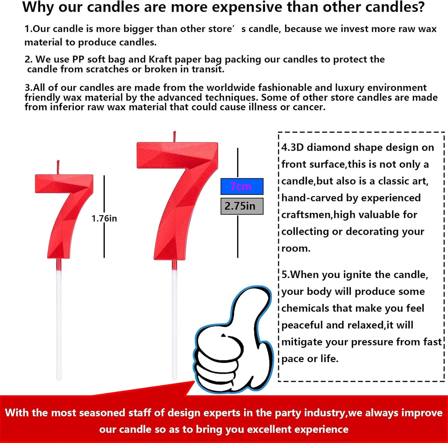 2.75in Tall 3D Diamond Shape Bright Red 7 Candles, Red Color Happy Birthday Cake Toppers Decorating and Celebrating for Adults/Kids Party/Family Baking (Bright Red Diamond Shape 2.75in Number 7)