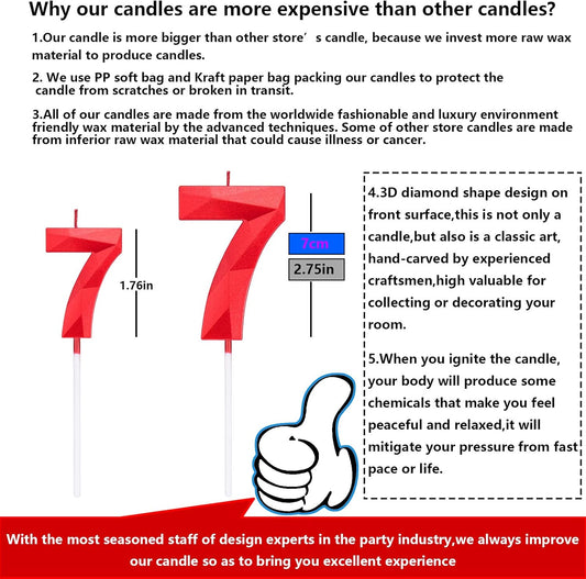 2.75in Tall 3D Diamond Shape Bright Red 7 Candles, Red Color Happy Birthday Cake Toppers Decorating and Celebrating for Adults/Kids Party/Family Baking (Bright Red Diamond Shape 2.75in Number 7)