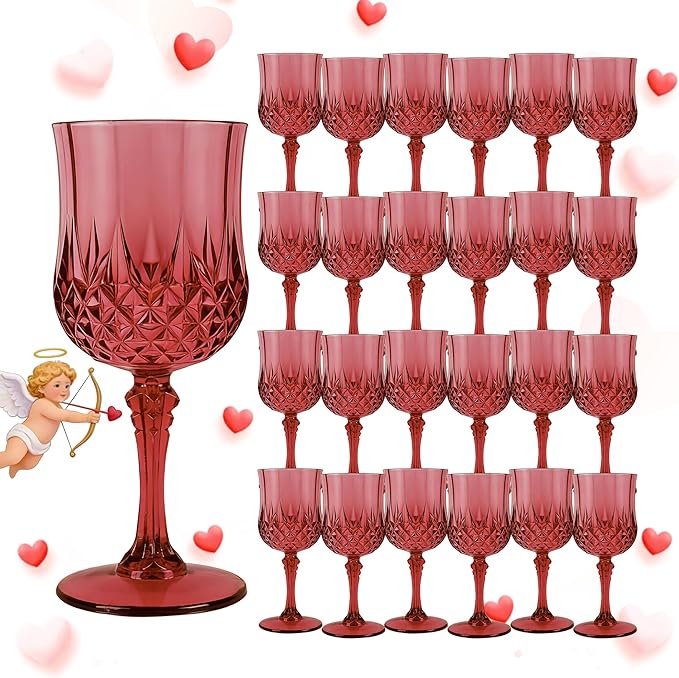 Plastic Wine Glasses, Plastic Goblets Vintage Style Cordial Unbreakable Drinking Glasses, Reusable Drinkware for Wedding Reception, Grand Event Party Supplies, Easter (24, Burgundy)