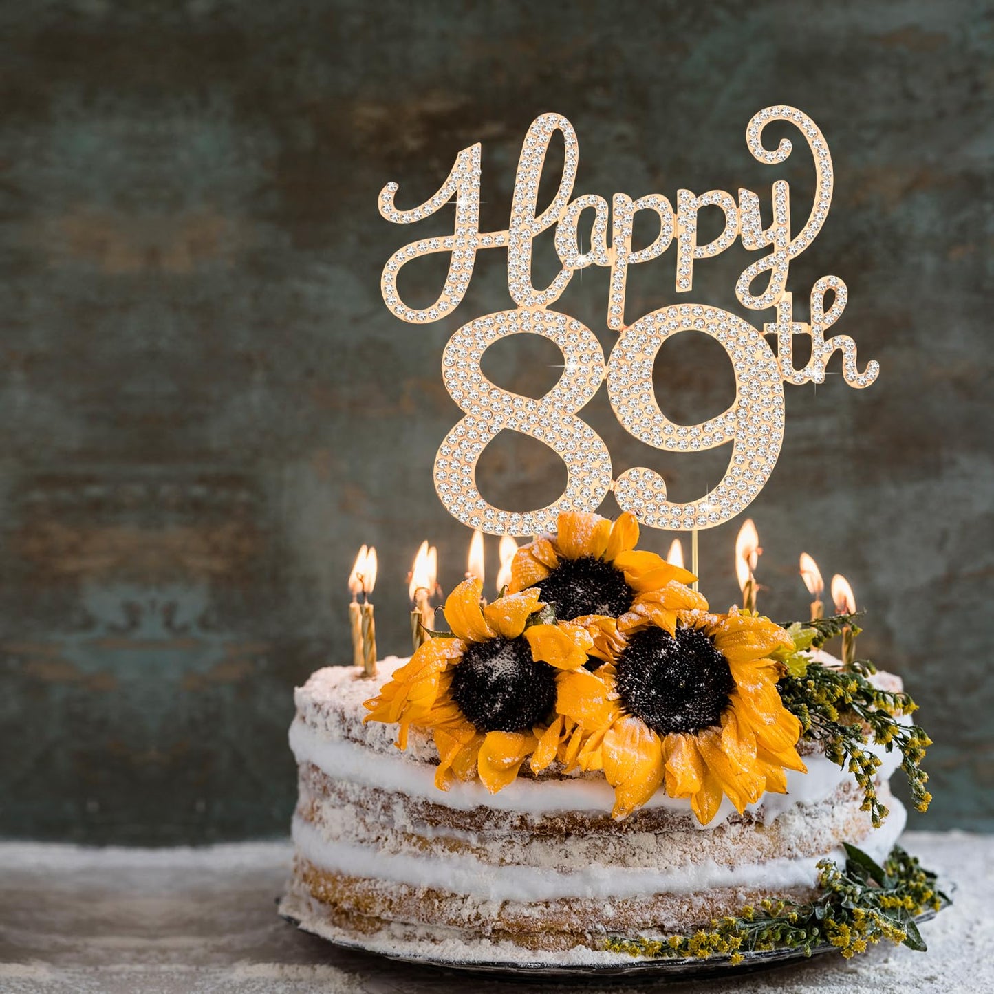 Happy 89th Birthday Decorations,89th Birthday Gold Rhinestone Cake Topper - Cheers to 89 Years Old Bday Party Metal Sparkly Cake Centerpieces Sign.