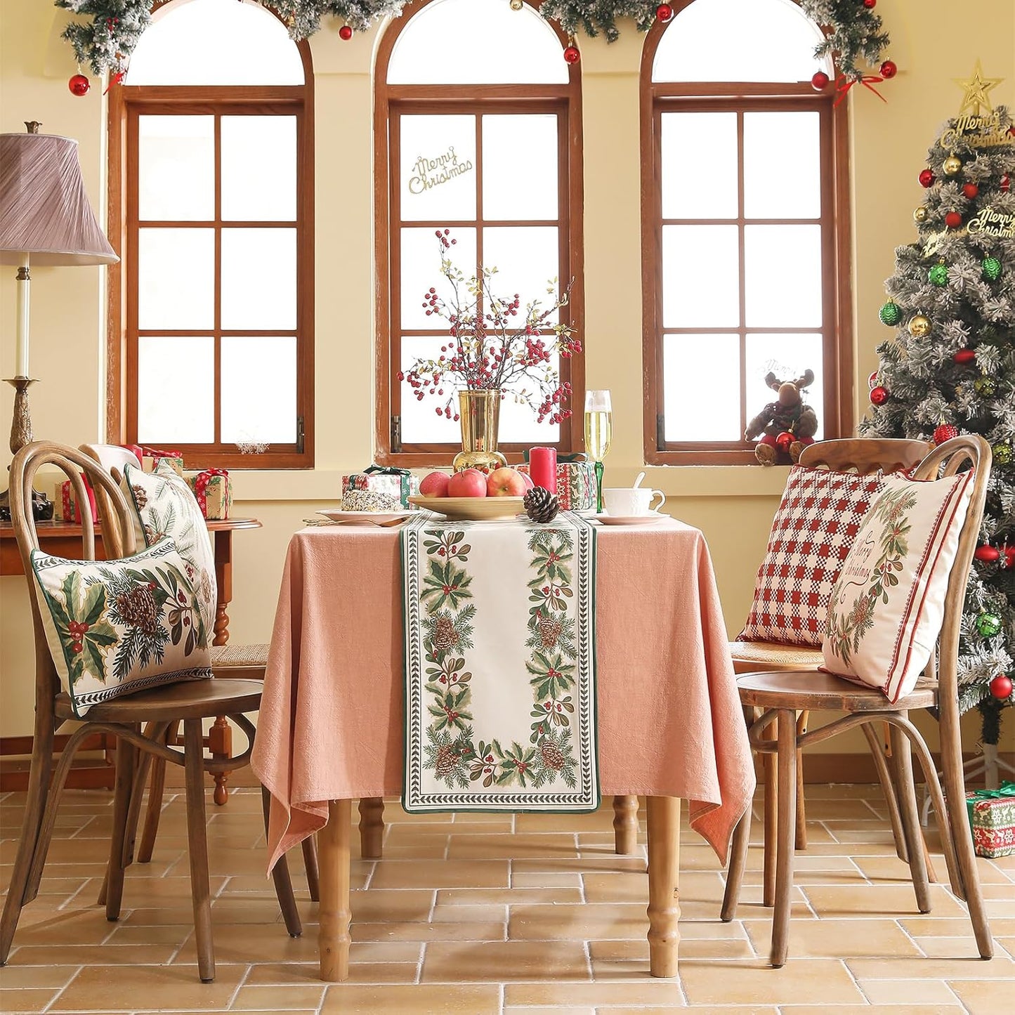 ISAENNE Designer Luxury Velvet Light Beige Christmas Table Runner 102 Inches Long,Farmhouse Pine Cone Pattern Decor Table Runners for Dining Tables,Thanksgiving,Kitchen Tables,12"*102"-Carol G