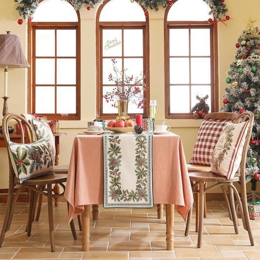 ISAENNE Designer Luxury Velvet Light Beige Christmas Table Runner 102 Inches Long,Farmhouse Pine Cone Pattern Decor Table Runners for Dining Tables,Thanksgiving,Kitchen Tables,12"*102"-Carol G
