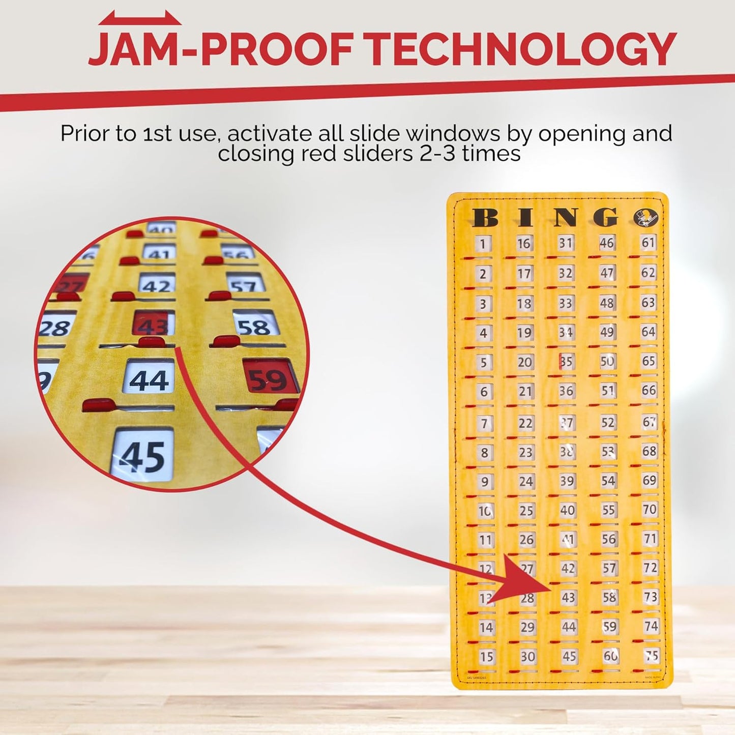 MR CHIPS Jam-Proof Finger Tip Master Bingo Card with Sliding Windows Large Cardboard Calling Cards Woodgrain Style