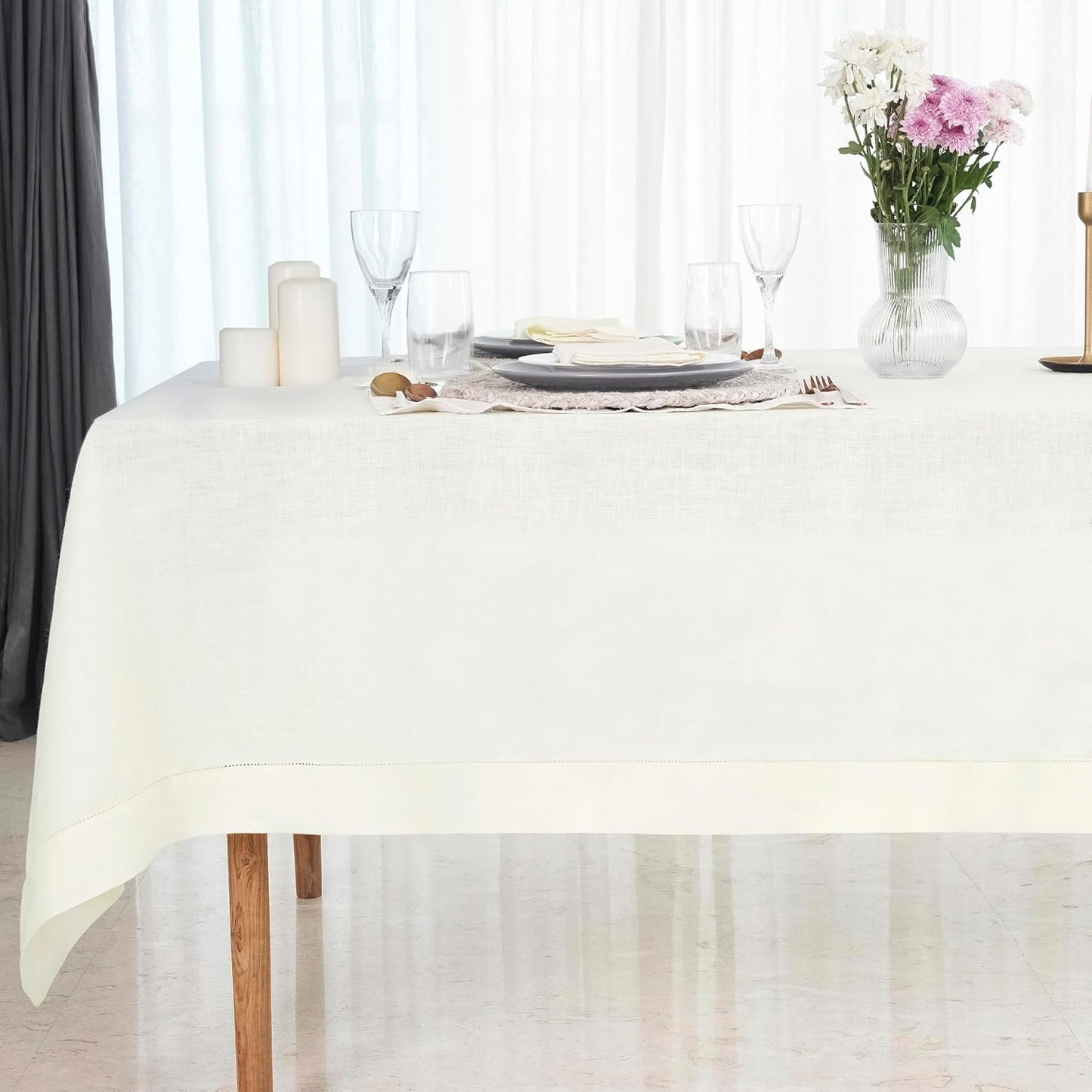 D'Moksha Homes Ivory Linen Tablecloth 54 x 72 Inch - 100% Pure Linen Ivory Table Cloth for Rectangle Tables - Classic Hemstitch, Machine Washable Tablecloth for Fall, Autumn and Halloween