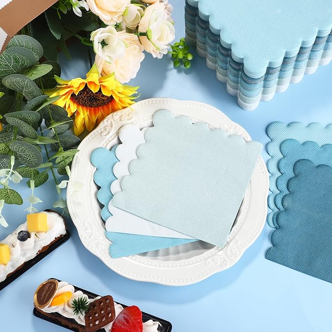 durony 150 Pack Scalloped Napkins 5 x 5 Inch Disposable Paper Napkins Gradient Color Napkins with Scalloped Edges for Dinner Wedding Birthday Party Supplies, Fog Blue