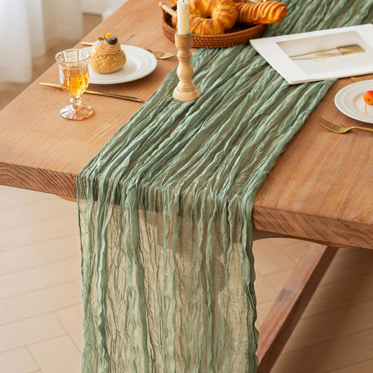 FEXIA Cheesecloth Table Runner Sage Green for Woodland Baby Shower Bridal Wedding Decoration Gauze Rustic Table Runner for Party First Communion Centerpiece Engagement 35x120 Inches