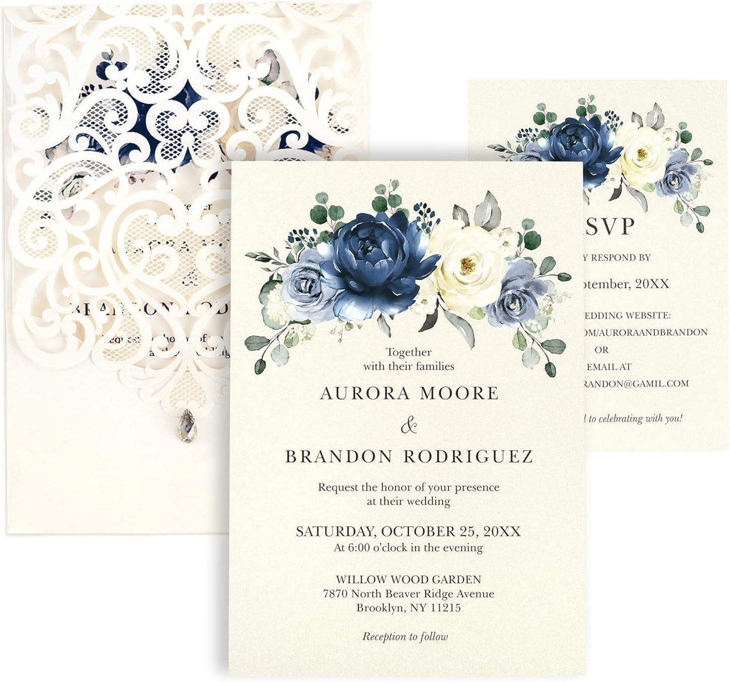 50pcs Laser Cut Wedding Invitations with Envelopes and RSVP Cards Blue and Ivory White, 5x7.3 Personalized Invitation Cards for Wedding, Anniversary Invitations with Rhinestone