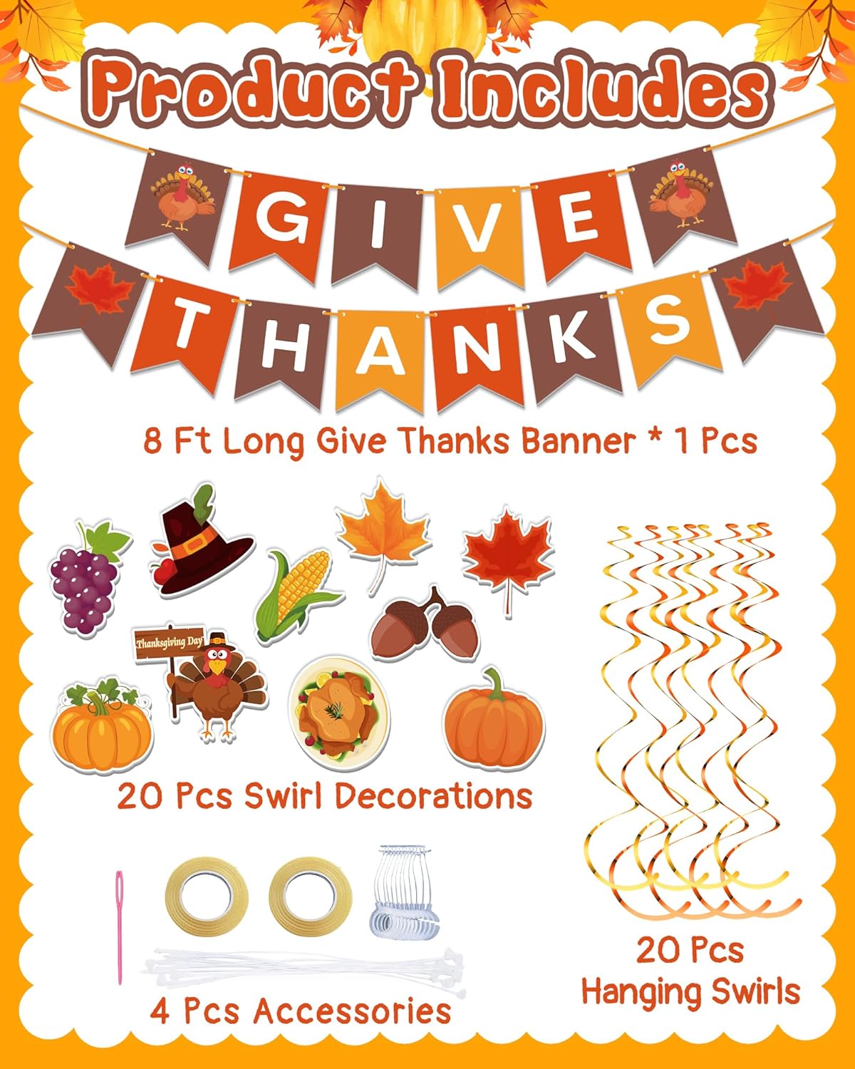 45 Pcs Thanksgiving Decorations, GIVE THANKS Banner with Hanging Swirls for Indoor Wall, Friendsgiving Decorations for Party Office Home Classroom