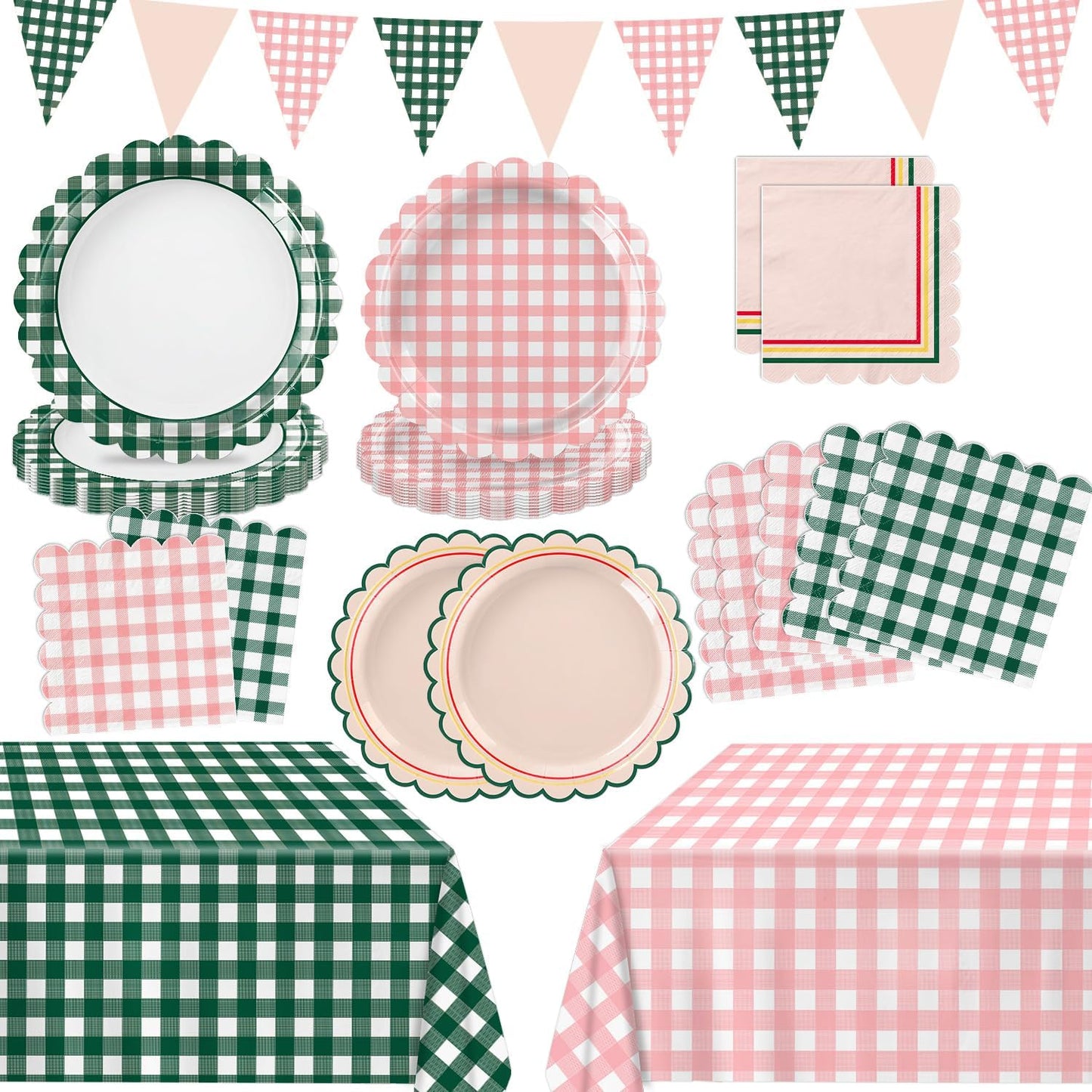 102 PCS Camp Bachelorette Decorations - Scalloped Gingham Plates, Napkins, Cups, Banner, Gingham Tablecloths for Baby Shower, Wedding, Birthday, Serves 25