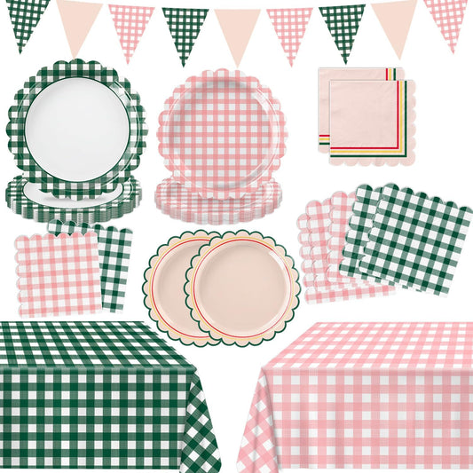 102 PCS Camp Bachelorette Decorations - Scalloped Gingham Plates, Napkins, Cups, Banner, Gingham Tablecloths for Baby Shower, Wedding, Birthday, Serves 25
