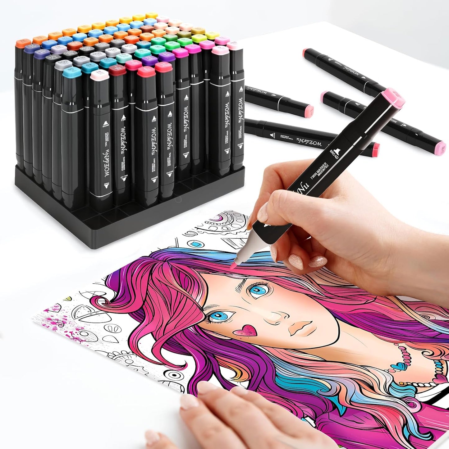 WOEden Alcohol Markers, 80 Colors Dual Tip Brush & Chisel Art Markers, Permanent Alcohol-Based Pens for Adult & Kids Coloring, Drawing, Sketching, Card Making