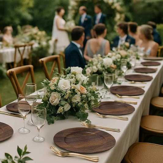 JEVERGN 24 Pack Farmhouse Charger Plates, 13'' Faux Wood Chargers for Dinner Plates, Brown Plate Chargers Set of 24, Round Plastic Charger for Wedding, Party Event, Dinner, Table Setting