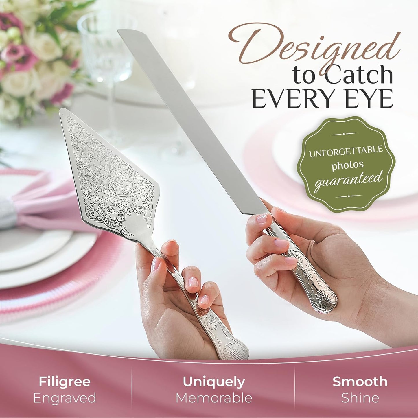 Orblue Wedding Cake Knife and Server Set - Premium, Beautifully Engraved Cutting Set - Elegant Keepsake for Newlyweds Silver