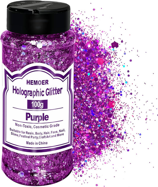 HEMOER Purple Glitter, 100g/3.5oz Holographic Chunky Glitter Mixed Hexagon Chunky & Fine Flakes Iridescent Sequins for Epoxy Crafts, Resin, Nail Body, Tumblers, Festival Party