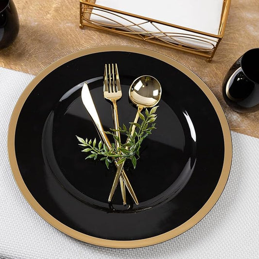 PARTY BARGAINS 13-Inch Charger Plates - 4 Pack, Black Gold Rim, Heavy-Duty Disposable Chargers for Elegant Dining - Ideal for Weddings and Formal Events