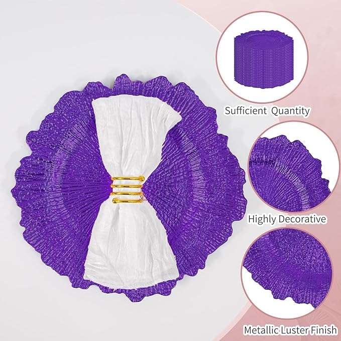 24 Pcs Purple Charger Plates Bulk 13 Inch Plastic Charger Plates for Dinner Plate, Purple Chargers for Table Setting, Reef Design Plate Floral Decorative Round Chargers for Wedding Party Event