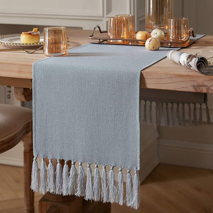ZeeMart Dusty Blue Table Runners 60 Inches Long, Burlap Linen Style Rustic Farmhouse Table Runner, Boho Woven Dining Table Runner, 13x60 Inches, Light Dusty Blue