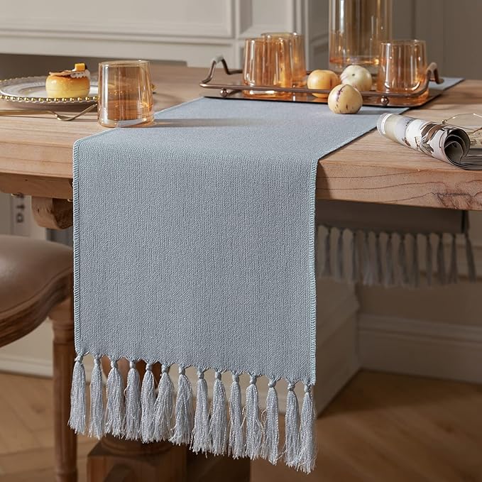 ZeeMart Dusty Blue Table Runners 108 Inches Long, Burlap Linen Style Rustic Farmhouse Table Runner, Long Boho Dining Table Runner, 13x108 Inches, Light Dusty Blue
