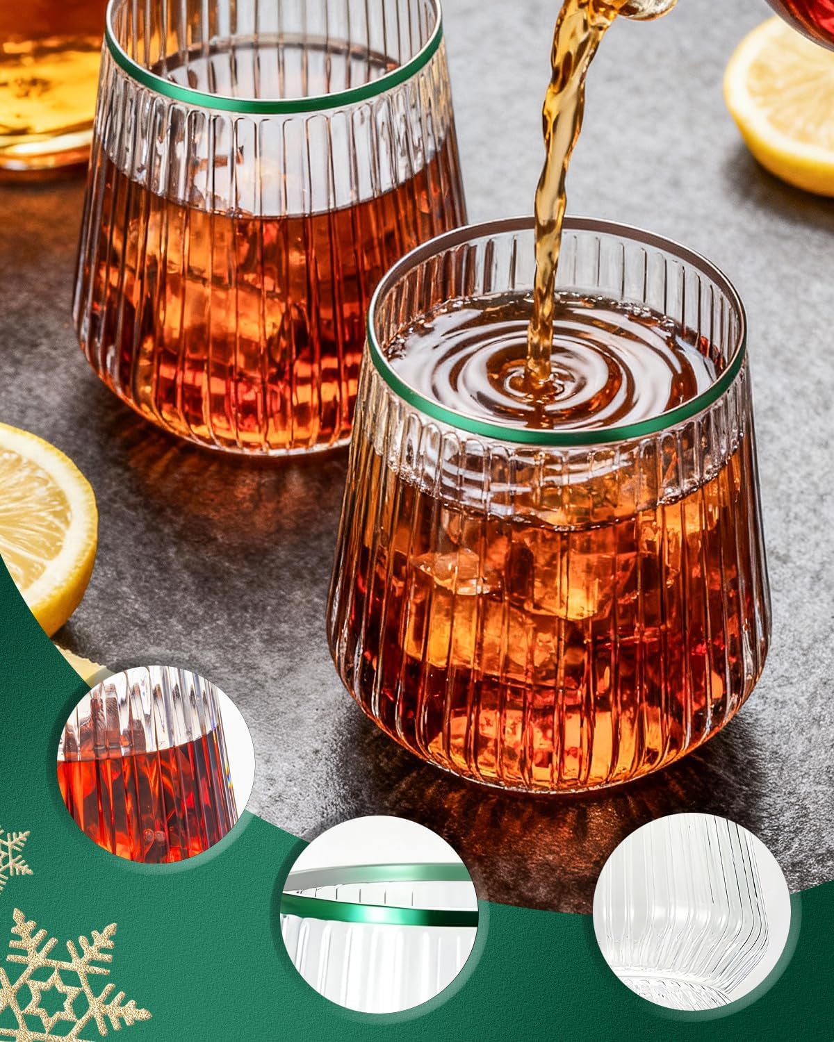 36 Pcs 12 oz Plastic Clear Green Rim Ribbed Wine Glasses, Disposable & Reusable Champagne Glasses Elegant Whiskey Glasses Ideal for Weddings, Bars, Christmas, Holidays, Pool Party, Daily Use