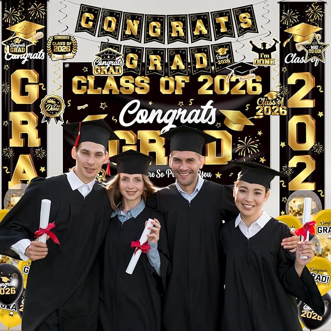 Graduation Decorations Class of 2026 Black and Gold Party Decor Set include Congrats Grad Banner Graduation Backdrop Class of 2026 Balloons Party Supplies