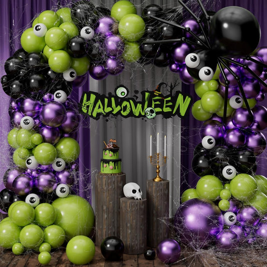 Halloween Balloon Garland Arch Kit, 131Pcs DIY Haloween Party Supplies Matte Black Metallic Purple Lime Green Balloon with Eye Balloons for Halloween Day Haunted House Theme Party Decorations