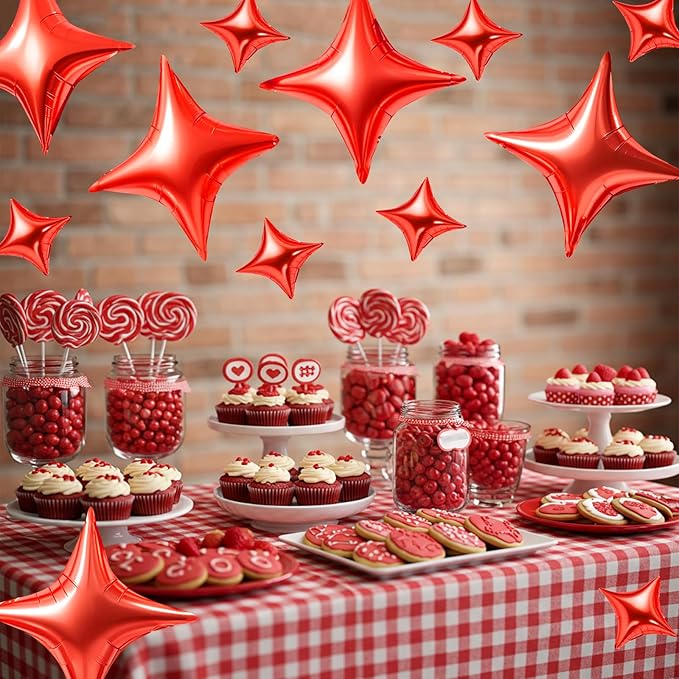 TONIFUL 30Pcs 26In&10In Star Balloons Red Four Pointed Foil Mini Star Mylar Balloons for New Year Valentine's Day Birthday Wedding Baby Shower Anniversary Engagement Party Decor Supplies