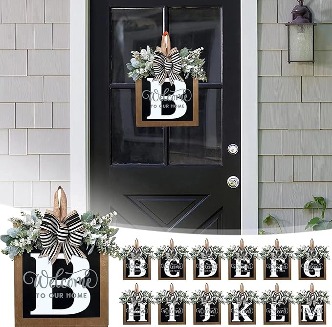 Last Name All Year Round Front Door Wreath with 26 Initial Letter Welcome Sign All Seasons Eucalyptus Garland and Bow ，Farmhouse, Porch, for Spring Summer Fall All Seasons Holiday Halloween Christmas. (B)