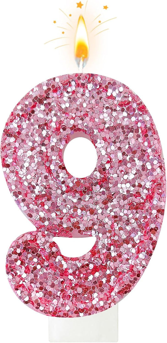 Birthday Number Candles, Glitter Number Candle Cake Decorations with Sequins, Cupcake Decorations for Girls, Women, Party Anniversary Celebrations (Number 9, Pink)