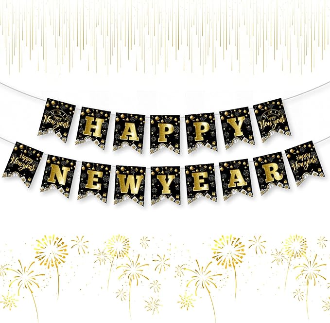 Happy New Years Eve Decorations 2026 - Black Gold Happy New Year Banner, New Years Sign Bunting Banner Garland for 2026 New Year Party Supplies, Home Office Fireplace Wall Decorations Favors Props