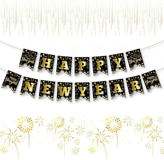 Happy New Years Eve Decorations 2026 - Black Gold Happy New Year Banner, New Years Sign Bunting Banner Garland for 2026 New Year Party Supplies, Home Office Fireplace Wall Decorations Favors Props