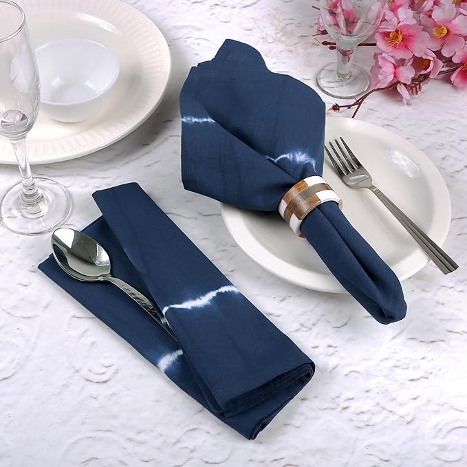 FINGERCRAFT Cloth Napkins Set of 6 Cotton Blend Tie Dye 20x20 Inch Large Size Dinner Napkins Cloth Perfect for Parties Dinners Weddings Cocktail Christmas Easter Royal Blue Lines