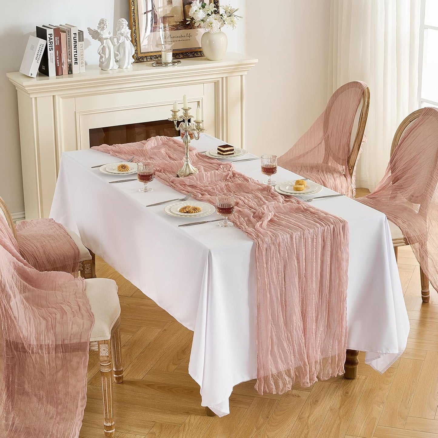 Fanami 1 Pack Cheesecloth Table Runner -10FT Dusty Pink Boho Gauze Cheese Cloth Table Runner 120 Inches Long Rustic Sheer Fabric Centerpieces for Wedding Birthday Party Bridal Baby Shower Decorations