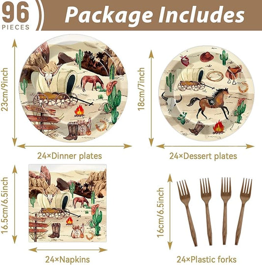 96Pcs Western Cowboy Party Supplies Western Cowboy Paper Plates Napkins Cowboy Baby Shower Party Decorations Wild West Dinnerware Party Favor Rodeo Western Tableware Serves 24