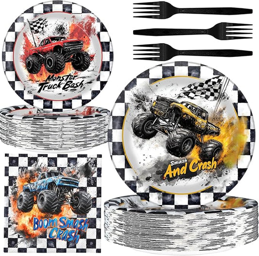 Monster Truck Party Decorations - Monster Truck Party Plates and Napkins for Kids Birthday Party, Serves 40 Guests