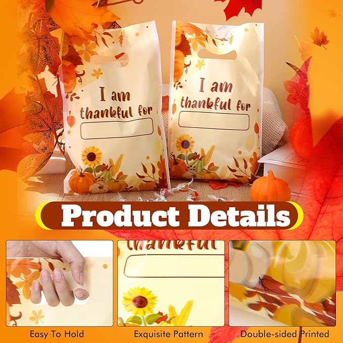 Supervitae 100 Pcs I Am Thankful Plastic Gift Bags Thanksgiving Party Favor Thank You Bags Bulk with Handles for Thankful Gratitude Snacks Goodie Candy Treat Autumn Fall Thanksgiving Party Supplies