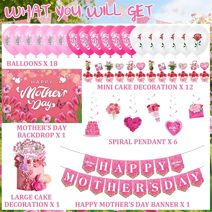 Happy Mother’s Day Party Decorations, Mom Pink Party Supplies Kit with Backdrop, Banner, Cake Topper, Cupcake Picks, Balloons & Hanging Swirls for Mother’s Day Celebration