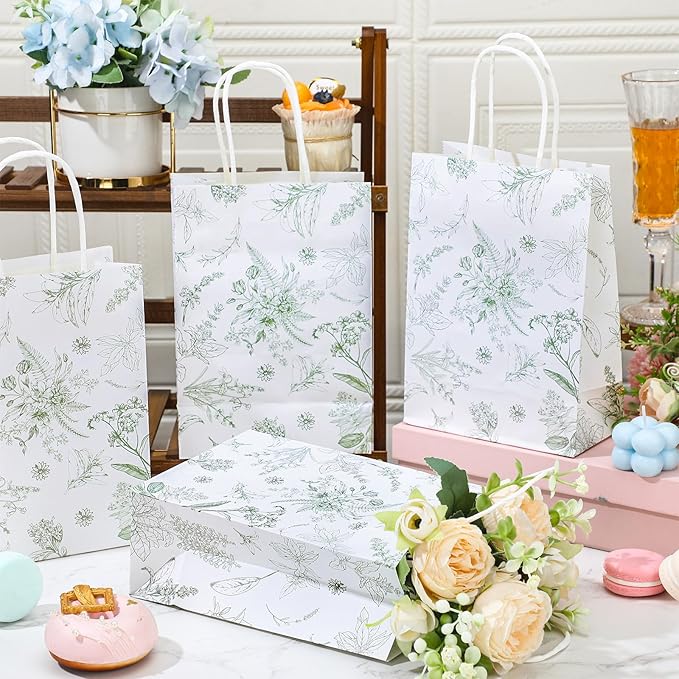 Gueevin 24 Pcs Sage Green Floral Gift Bags Bulk Flower Party Small Paper Bags with Handles Decorative Packaging Goodie Candy Treat Pouches for Wedding Birthday Tea Party, 5.9 x 8.3 x 3.1 Inch