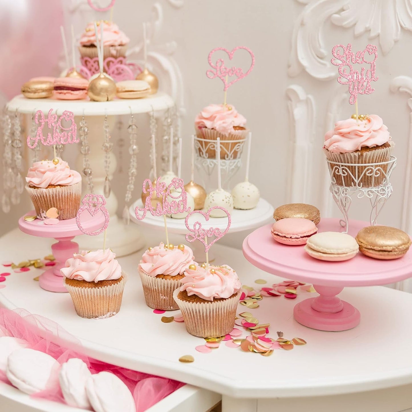 Gyufise Pink 24Pcs He Asked She Said Yes Cupcake Toppers Diamond Ring Heart Cake Picks for Wedding Engagement Party Cake Decorations