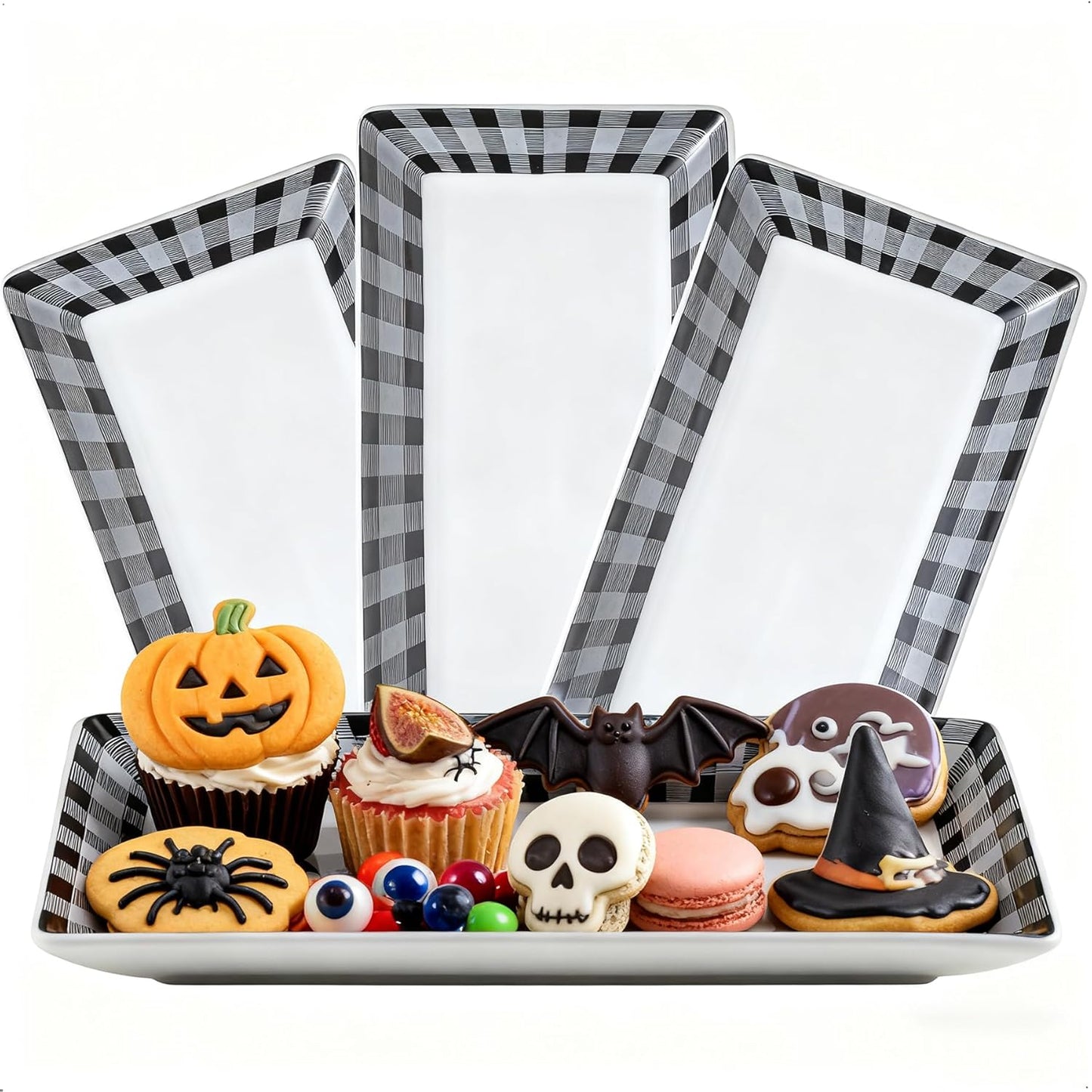 YHOSSEUN Ceramic Serving Platters Set of 4, Black and White Serving Platters and Trays for Food, Rectangular Halloween Plates Serving Dishes for Parties, Checkered, 12 Inch