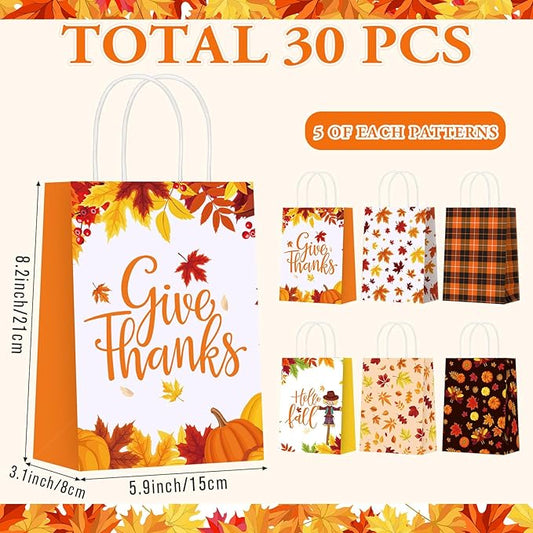 Resholder 30 Pcs Thanksgiving Paper Gift Bags with Handles Fall Pumpkins Maple Leaves Treat Bags Autumn Harvest Candy Goodie Bag for Fall Thanksgiving Party Favors Supplies