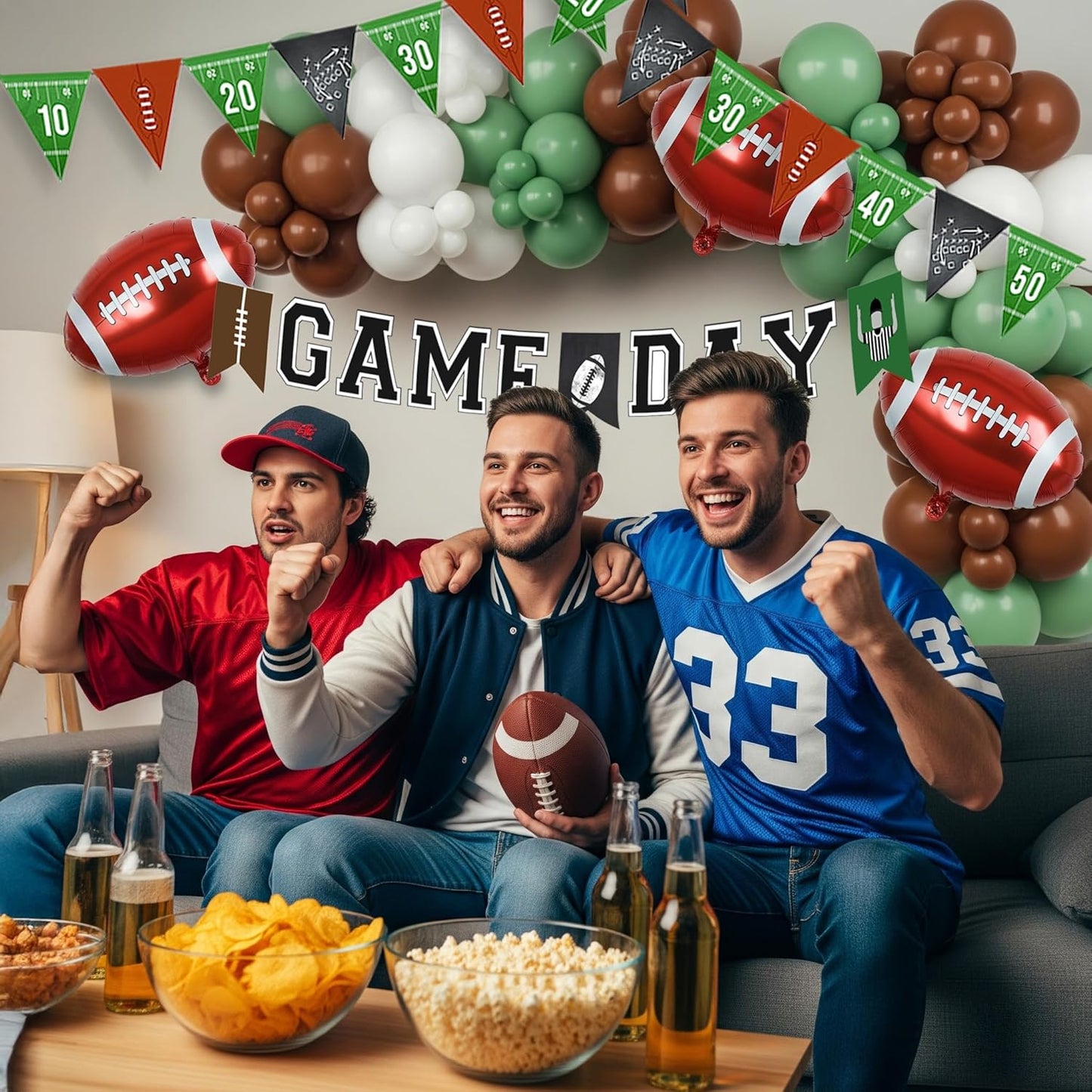 Football Balloon Garland Arch Kit Sage Green and Brown Balloons with Football Foil Balloon Game Day banner for Touch Down Rugby Super Bowl Sport Theme Party Decorations