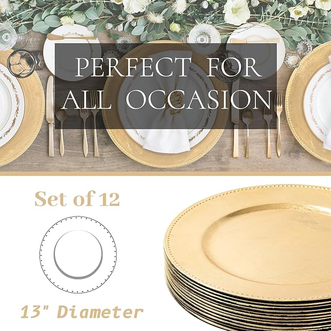 MAONAME Gold Charger Plates Set of 12, Foil 13" Plate Chargers with Beaded, Plastic Round Chargers for Dinner Plates, Table Setting