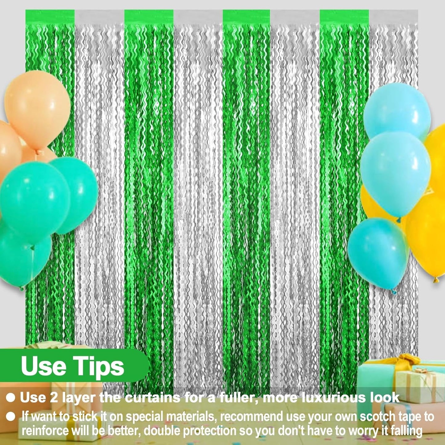 4 Pack Silver Green Fringe Curtain Backdrop 3.2Ft x 8.2Ft Metallic Tinsel Foil Fringe Streamers Background for Photo Booth Mother's Day, Easter, Carnival, Birthday, Wedding Party Decoration