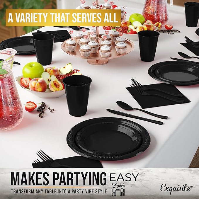 350 Pcs Black Plastic Plates For Party, Black Disposable Plates Set, 50 Of Each 9" Dinner Plate Set, 7" Dessert Plate, Cups, Napkins & Cutlery Plastic Dinnerware Exquisite