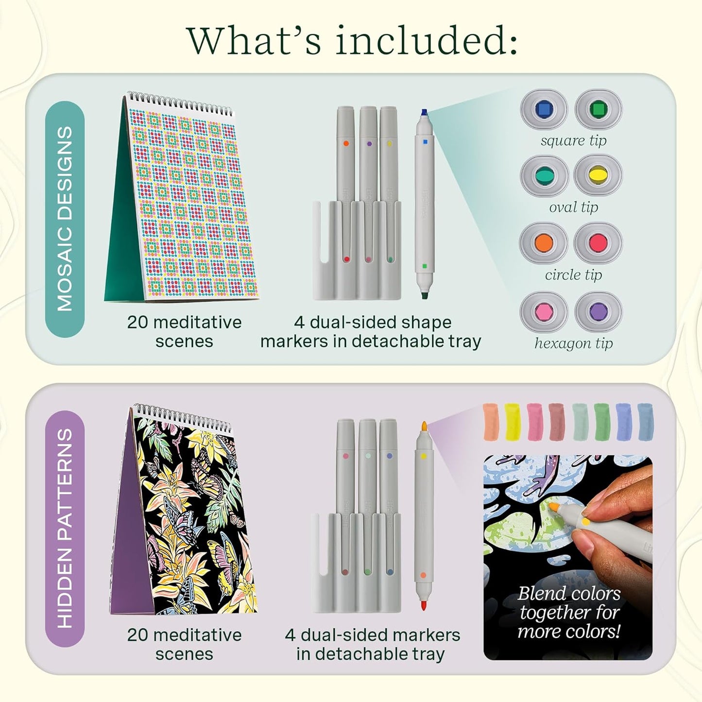 Lifelines FlowArt Activity Pad, 2-Pack - Guided Art Meditations with Markers - Mediterranean Mosaic Designs & Animal Hidden Patterns - Coloring Books for Teens, Adults & Seniors