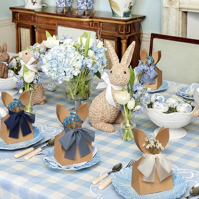 Affrolling 24 Set Boho Bow Easter Bunny Party Favor Bags DIY Bunny Gift Boxes with Neutral Bow Ribbon and Dried Flowers Rustic Paper Rabbit Ears Treat Bags Bulk for Easter Spring (Dirty Blue)