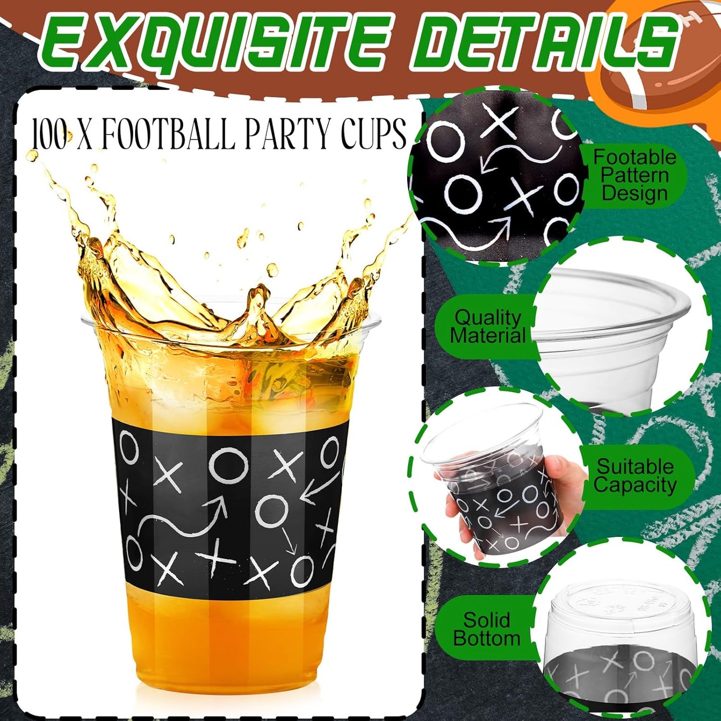 100 Pcs 16 oz Football Plastic Cups, Football Themed Party Supplies, Disposable Clear Football Party Beverage Ice Cream Coffee Cups for Football Sport Theme Birthday Party Favors Toy