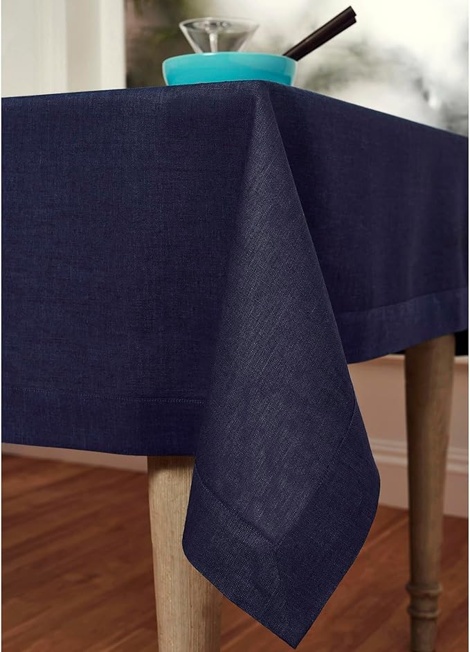 Solino Home Linen Tablecloth 60 x 132 Inch - 100% Pure Linen Chambray Navy Table Cloth for Rectangular Tables - Athena, Machine Washable Cloth Tablecloth for Winter, Spring